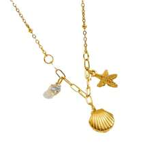 Maldives Style Shell Claw Rhinestone Starfish Short Necklace, Titanium Steel Gold-Plated