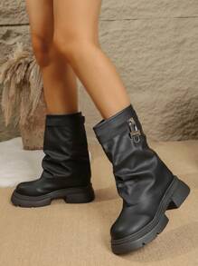 新款女式及膝靴，时尚尖头皮革粗跟及膝靴，适合搭配连衣裙，黑色和白色可选，舒适的西部牛仔翻边靴，百搭英伦风休闲高跟马靴