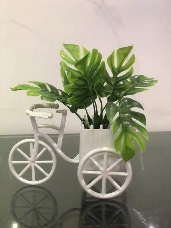 1pc Of Plastic Mini Bicycle Flower Basket Artificial Potted Plant Desktop Decoration Ornament Simulating Green Plants For Room Decor