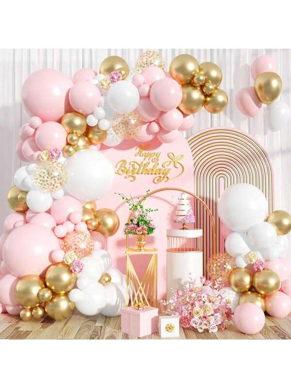 115pcs DIY White, Pink & Gold Balloon Garland Kit, Suitable For Birthday, Princess Party, Engagement, Wedding, Graduation, Bachelorette Party Decorations