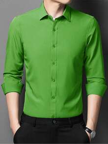 Men's Long Sleeve Button Down Dress Shirt In Microfiber Fabric, Silm Fit - 青檸色 - 查看 1
