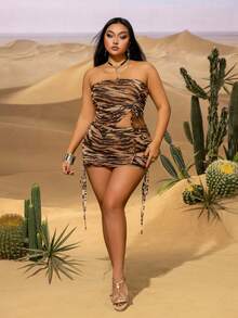 2pcs Tiger Print Backless Camisole Top And Side Tie Skirt Set - Adjustable Fashionable Spring/Summer Outfit, Suitable For Music Festivals, Beach Parties, Nightlife, Photography And More Elegant - Brown - View 9