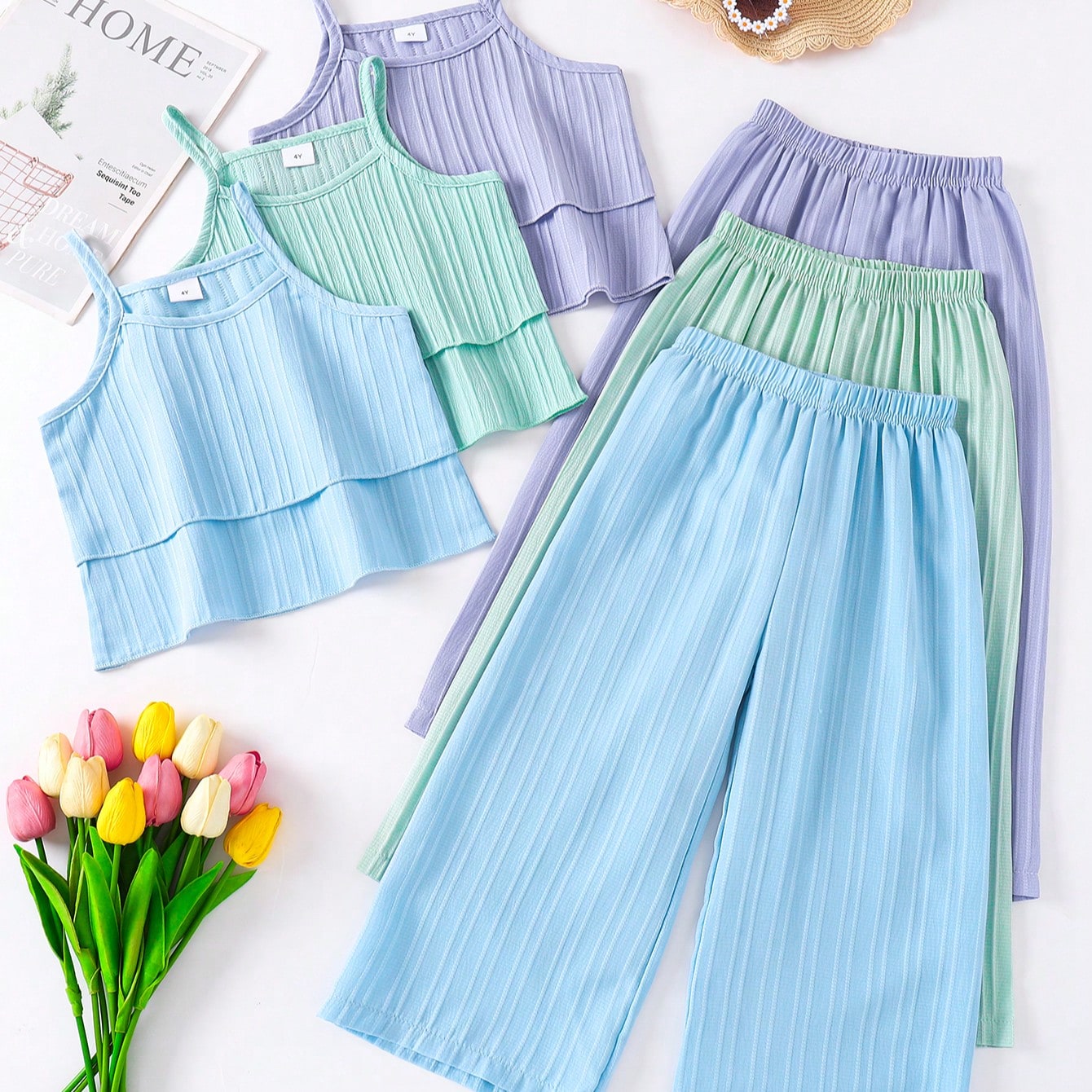 Set de 6 piezas de conjuntos informales de camisola y pantalón de pierna ancha a juego de unicolor para niñas, para primavera/verano
