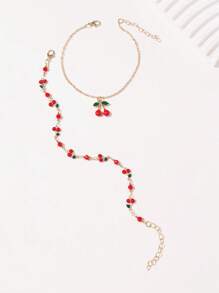 2 Pieces Girls Sweet Cherry Anklet Color Drip Oil Summer Fruit Beach Style Double Layer Anklet Set