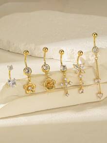 Juego de 6 piezas de anillos de ombligo de acero inoxidable chapados en oro con diseños brillantes de corazón, flor, lazo y cruz, adecuado para mujeres, regalo de cumpleaños, uso diario, fiesta en la playa - Amarillo Oro - Ver 1