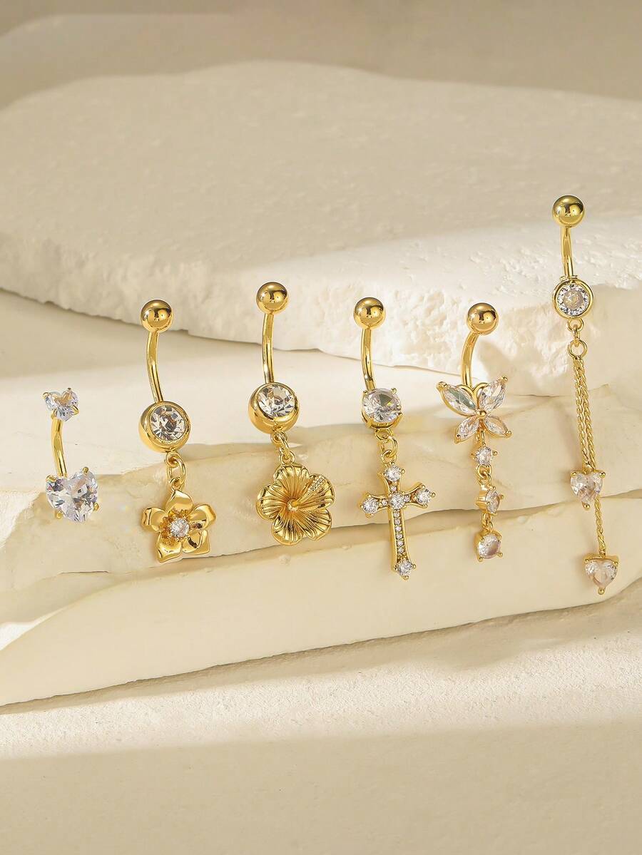 Juego de 6 piezas de anillos de ombligo de acero inoxidable chapados en oro con diseños brillantes de corazón, flor, lazo y cruz, adecuado para mujeres, regalo de cumpleaños, uso diario, fiesta en la playa - Amarillo Oro - Ver 1