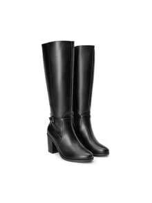Women's Knee-High Boots, Comfortable Chunky Block Heel Pointed Toe Pull On Side Zipper Suede Slouch Riding Boots - Black/PU - View 10