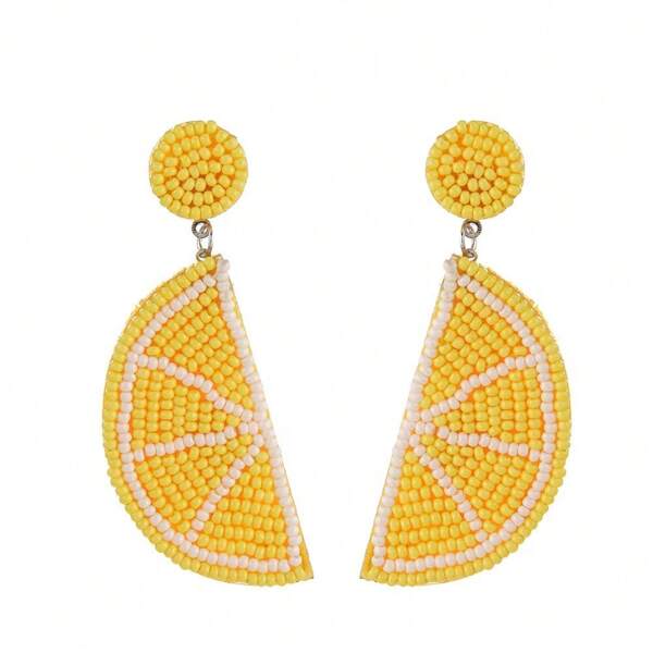 1 Pair Cute Summer Sweet Lemon Charm Beaded Earrings, Boho Style