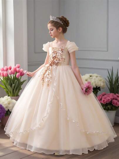 Robe élégante en satin et tulle de couleur unie pour jeune fille, convient pour les événements formels, les galas, les fêtes (bandeau non inclus)
