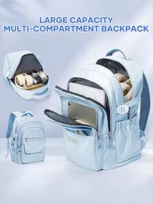 时尚百搭纯色笔记本电脑工作背包，适合 14-15.6 英寸笔记本电脑，男女皆宜，防水校园背包，适合高中大学，25L 大容量旅行单肩包，防水商务通勤背包，多口袋实用背包，青少年笔记本电脑书包，轻便耐用男女通用背包，时尚休闲背包，带衬垫肩带 - 藍色 - 查看 3