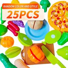 Marphy 25pcs Educational Realistic Fruits & Vegetables Play Kitchen Toys, Kitchenware Cooking Pretend Food Set, Thick Materials, Cutting & Assembling For Kids Play