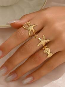 Set de 3 piezas de anillos con estilo europeo y americano de conchas marinas con aberturas ajustables en forma de estrella de mar, adecuados para vacaciones al aire libre de mujeres y uso en moda de nicho