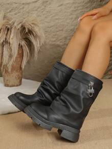 新款女式及膝靴，时尚尖头皮革粗跟及膝靴，适合搭配连衣裙，黑色和白色可选，舒适的西部牛仔翻边靴，百搭英伦风休闲高跟马靴