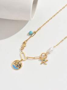 1pc Ocean Vacation Style Necklace With Blue Heart, Seahorse, Starfish Pendant Elements, Unique Fresh Design - Yellow Gold - View 3