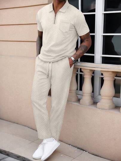 2 件套男士提花面料简约 Polo 衫，带口袋和拉链领 + 长裤，中性时尚休闲运动服，适合慢跑，舒适装扮