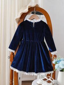 Elegant Girls' Dress With Ruffled Collar, Bowknot Decor, Long Sleeve, Suitable For Party, Casual Wear, Princess Style, Spring & Autumn - 寶藍色 - 查看 5