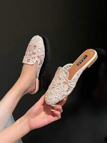 Mengshangli PU Leather Hollow-Out Casual Flat Beach Slides For Women, Versatile Bohemian Style, Suitable For Beach, Holiday, Outdoor Wear, Spring Summer Autumn