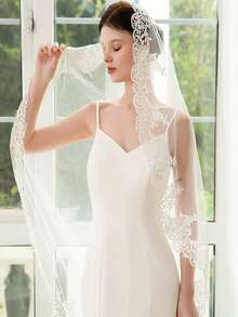 1 peça véu de noiva longo com apliques de renda, véu de casamento de 1 camada, malha macia, tule, acabamento em renda, acessórios para casamento, roupas de outono para mulheres - Bege - Ver 4