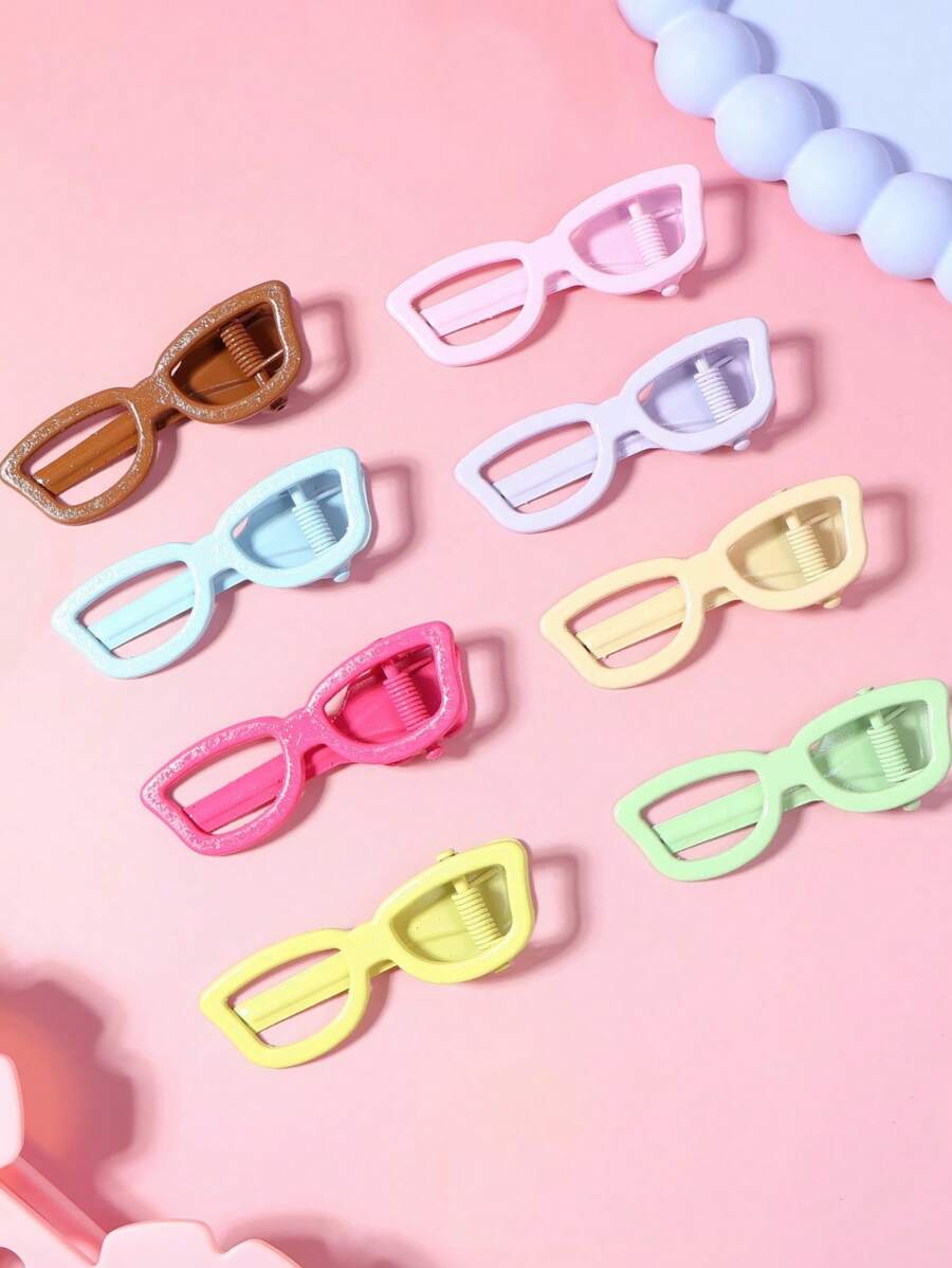 8pcs/Set Candy Color Fake Glasses Frame Hair Clips, Duck Mouth Clips, Side Bangs & Back Of Head Hair Clips, Gift For Little Girls Back To School