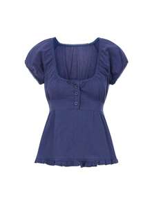 Y2k Summer Tops For Women Cute Sweetheart Neck Crop Tops Solid Color Short Sleeve Pleated Hem Button-Up Slim Fit Blouse Babydoll Tee Casual Going Out Tops Streetwear Fairy Clothes - 藍色 - 查看 3