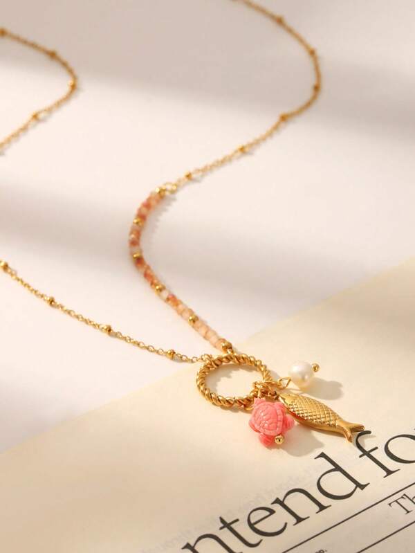 1pc, 18k Golden Plated, Stainless Steel Small Fish Artiflclal Pearl Pink Turtle Pendant Bead Necklace, Classic Luxury Stainless Steel Women's Jewelry, Wedding & Graduation Gifts