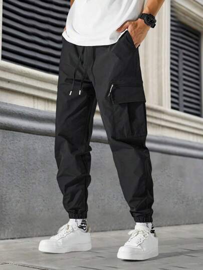 Men's Casual Solid Color Drawstring Cargo Pants, Non-Stretch Outdoor Hiking Ankle Banded Trousers