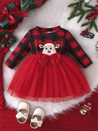 Baby Girls' Christmas Plaid Long Sleeve Dress, Embroidered Deer Animal & Bow Decor Mesh Dress, Autumn