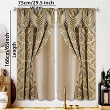 2pcs European Luxury Brown Printed Curtains - Semi-Sheer Polyester, Rod Pocket, Machine Washable, Bohemian Style With Golden Floral Pattern For Living Room, Kitchen, Bedroom & Office Decor, Curtains For Living Room