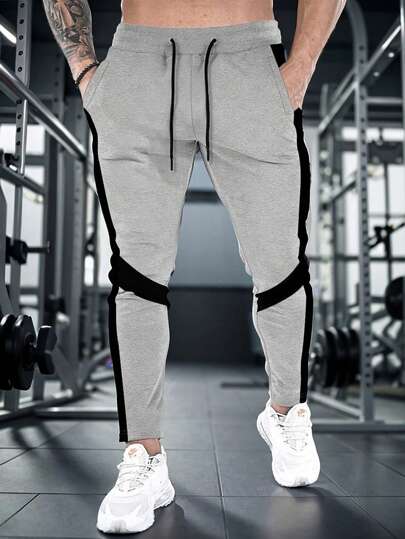1pc Men Drawstring Waist Striped Side Jogger Pants, Comfortable Casual Fitted Sports Trousers, Workout Exercise Sweatpants