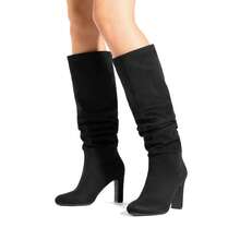Women's Knee-High Boots, Comfortable Chunky Block Heel Pointed Toe Pull On Side Zipper Suede Slouch Riding Boots - Black-sUEDE - View 7