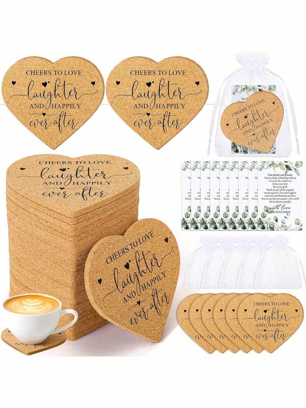 30Pcs/10Sets Coaster Accompanying Gift Set For Wedding Guests, Heart Shaped Coasters With Storage Bag And Thank You Card For Wedding Party Ceremony Or Wedding Anniversary Celebration