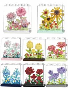 9种类型，1-4英寸创意花朵积木玩具，DIY花朵模型，DIY工艺花束，透明亚克力盒，ABS塑料，花朵积木套装，浪漫风格，形状包括康乃馨、玫瑰、郁金香、风信子、牡丹、向日葵、山茶花、栀子花，可堆叠积木玩具，玩具，礼物，