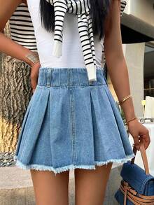 女式休闲荷叶边磨边牛仔A字裙 - 淺色水洗藍 - 查看 1