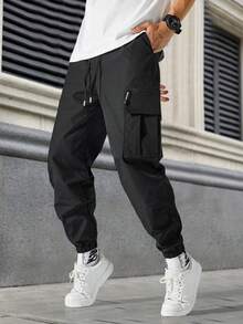 男式休闲纯色抽绳工装裤，无弹力户外徒步踝带裤