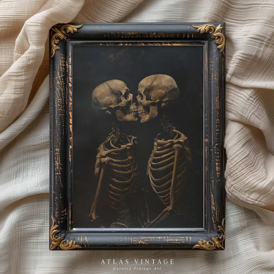 1 幅复古骷髅情侣接吻墙面艺术画，恐怖万圣节印刷帆布画，黑暗学院风海报装饰，适用于令人毛骨悚然的卧室、客厅或宿舍房间装饰，送给她的礼物，无框或带框万圣节装饰，圣诞节装饰，感恩节婚礼家居装饰，家居装饰，秋季装饰，生日装饰，礼品派对用品，室内节日装饰，墙面装饰，万圣节装饰品 - 彩色 - 查看 1