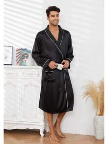 Bata de satén para hombres, ligera. Bata de baño de kimono de seda lujosa para hombres - Gris Oscuro - Ver 7