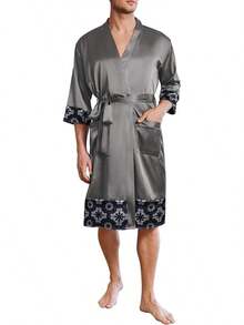 Mens Satin Robe Lightweight Silky Kimono Bathrobe 3/4 Sleeve Spa Knee Length Loungewear With Pockets S-3XLhalloween - 深灰色圖案 - 查看 1