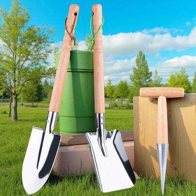 20-Inch Pointed Garden Trowel Set - 3Pcs Wood Handle Metal Hand Shovel Set | Digging Trowel, Square Scoop, Planting Hole Digger | Durable Gardening Tools For Flower Beds, Potting, Planting