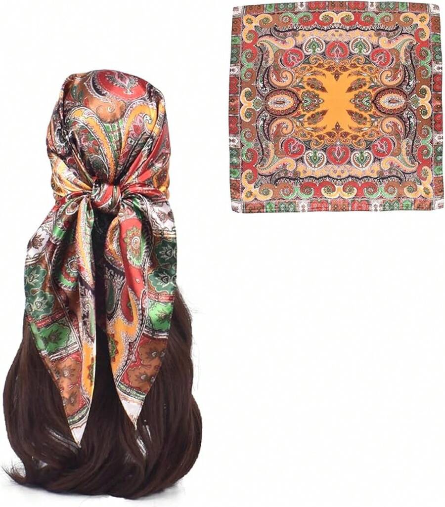 35 Inches Silk Head Scarf-Satin Hair Scarves Silk Bandana Scarf Headscarf For Women's Fashion Scarveshalloween - 佛黃腰果 - 查看 1