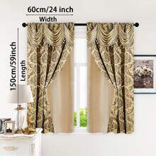 2pcs European Luxury Brown Printed Curtains - Semi-Sheer Polyester, Rod Pocket, Machine Washable, Bohemian Style With Golden Floral Pattern For Living Room, Kitchen, Bedroom & Office Decor, Curtains For Living Room