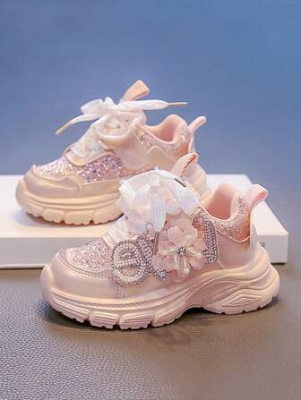 Girls Sports Shoes, New Summer & Autumn Style, Children Thick Sole Shoes With Rhinestone Flower Decor, Cute Infant Toddler Casual Sneakers, Fashion Versatile Campus School Student Mid-Sized Children Running Breathable Mesh Shoes
