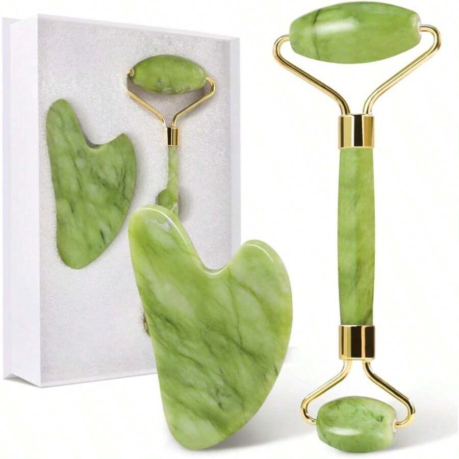 New Gua Sha And Jade Roller Set Gua Sha Stone Face Roller Massage Tool For Skin Care Routine Guasha Tool For Face Neck And Body Muscle - Green - View 1