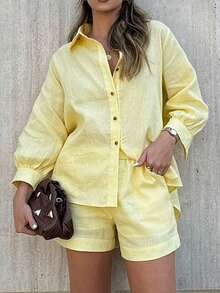 2 件套女士休闲独特简约亮黄色开衫衬衫和短裤套装，秋冬 - 黃色 - 查看 4