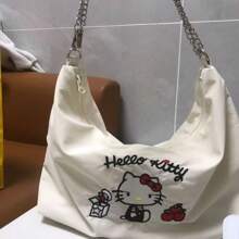 Sanrio Genuine Sanrio Hello Kitty Cute Exquisite Girl Commuting Large Capacity Tote Bag Kitty Embroidered Handbag Lightweight Underarm Hand Bag Student Bag Zipper Opening Design