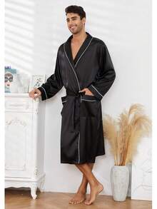 Bata de satén para hombres, ligera. Bata de baño de kimono de seda lujosa para hombres - Gris Oscuro - Ver 8