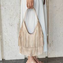 长款流苏女士手提包时尚单肩包女士手提包软PU皮革休闲流浪包腋下包女式托特包