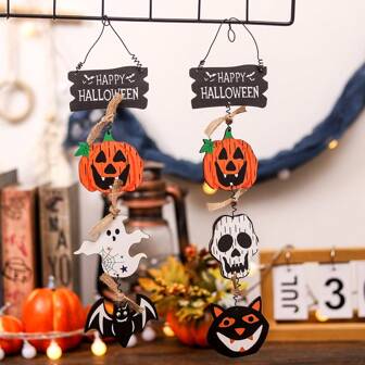 Halloween Wooden Plaque Door Hanging Pumpkin & Ghost Decor, Creative Ornaments