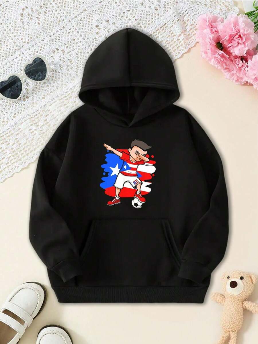Puerto Rico Soccer Dabbing Boy TYouth Hoodie Kids Youth Long Sleeve Tee Puerto Rican Flag Football Funny Dab Dance Gift Soccer Fans Puerto Rican Pride - Black - View 1