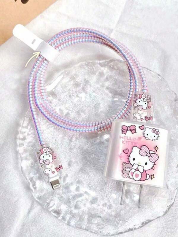 Sanrio 1set Sanrio Cute Hello Kitty ABS Plastic DIY Charger Protective Case Kawaii Kitty Cat USB Data Cable Protective Case For Mobile Phone 18w/20w Fast Charging Cable Charger Head Cover(Some Parts May Be Random)