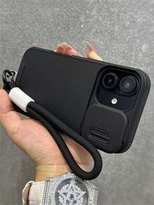 防震装甲硬质磨砂手机壳带尼龙挂绳适用于 16 15 14 Plus 13 12 Pro Max 11 16E 豪华全保护手机壳保险杠带滑动相机镜头盖 - 黑色 - 查看 5